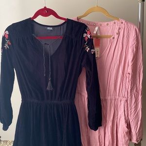 Velvet black top and rayon pink top can be worn as mini dresses over leggings